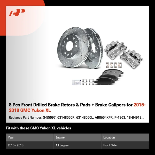 8 Pcs Front Drilled Brake Rotors & Pads + Brake Calipers for 2015-2018 GMC Yukon XL
