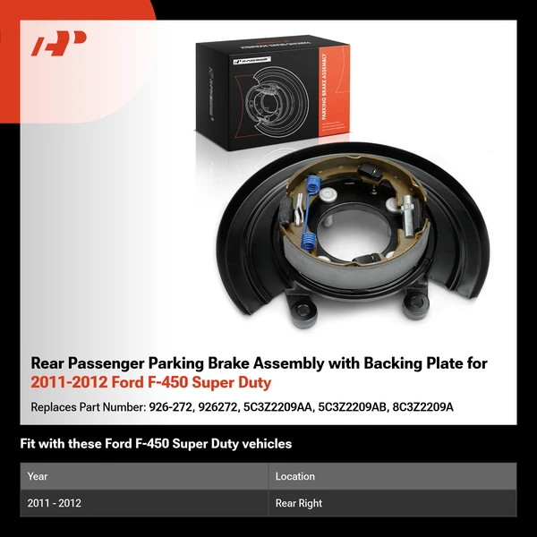 Rear Passenger Parking Brake Assembly with Backing Plate for 2011-2012 Ford F-450 Super Duty