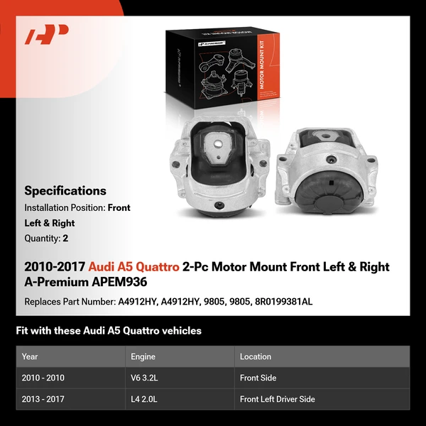 2010-2017 Audi A5 Quattro 2-Pc Motor Mount Front Left & Right A-Premium APEM936