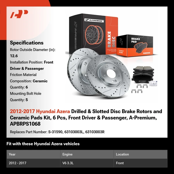 2012-2017 Hyundai Azera Drilled & Slotted Disc Brake Rotors and Ceramic Pads Kit, 6 Pcs, Front Driver & Passenger, A-Premium, APBRPS1068