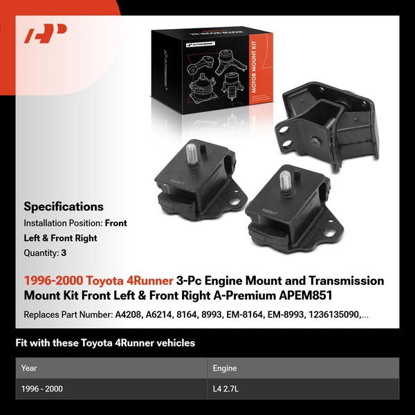 1996-2000 Toyota 4Runner 3-Pc Engine Mount and Transmission Mount Kit Front Left & Front Right A-Premium APEM851