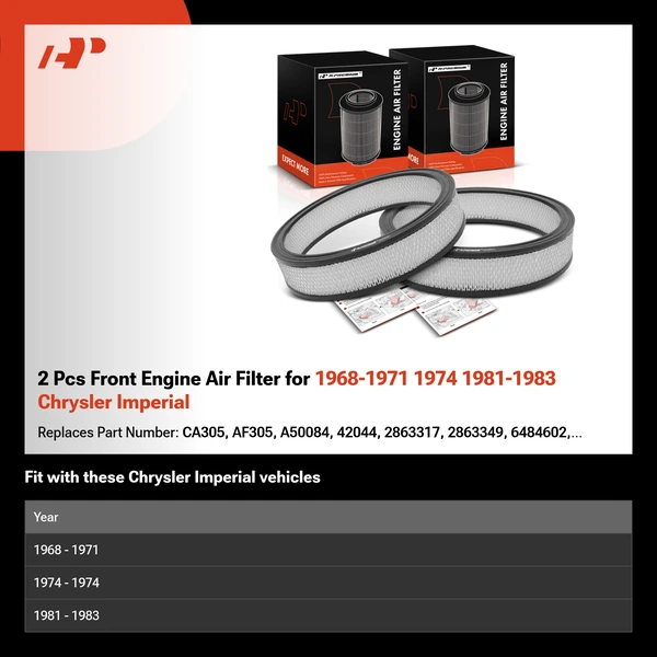 2 Pcs Front Engine Air Filter for 1968-1971 1974 1981-1983 Chrysler Imperial