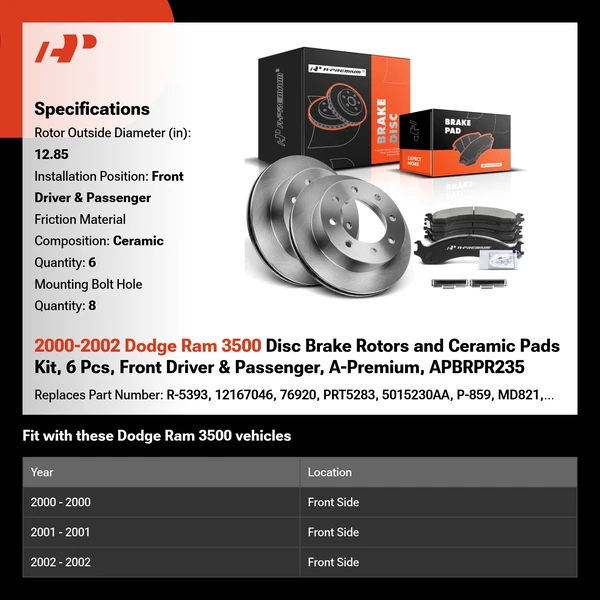 2000-2002 Dodge Ram 3500 Disc Brake Rotors and Ceramic Pads Kit, 6 Pcs, Front Driver & Passenger, A-Premium, APBRPR235