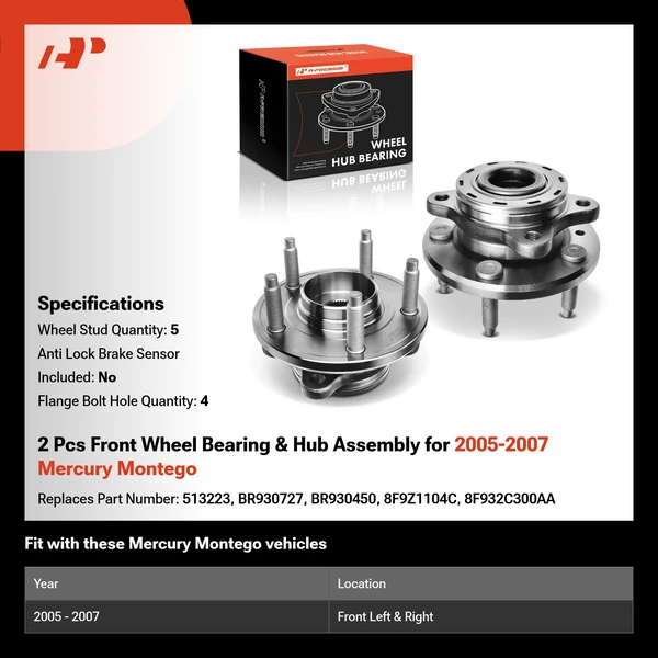 2 Pcs Front Wheel Bearing & Hub Assembly for 2005-2007 Mercury Montego