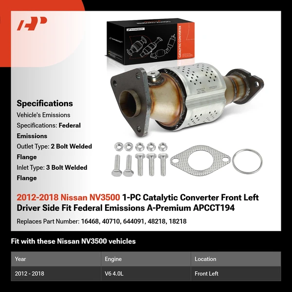 2012-2018 Nissan NV3500 1-PC Catalytic Converter Front Left Driver Side Fit Federal Emissions A-Premium APCCT194