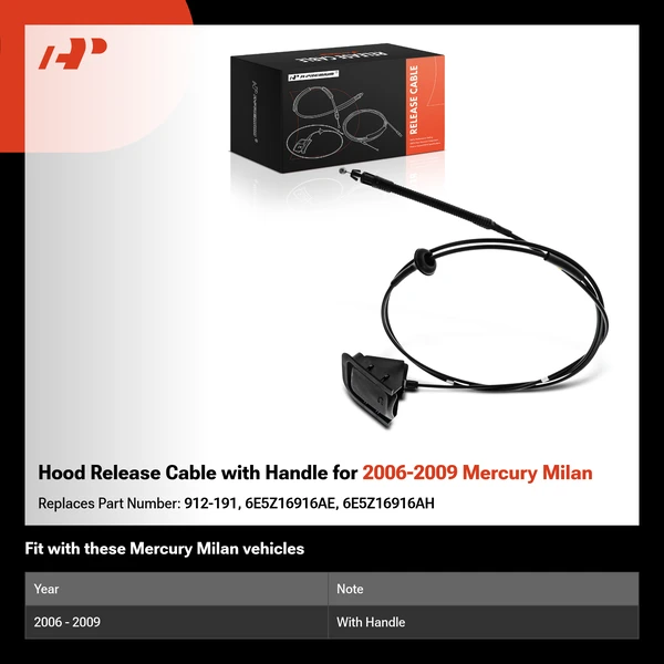 Hood Release Cable with Handle for 2006-2009 Mercury Milan