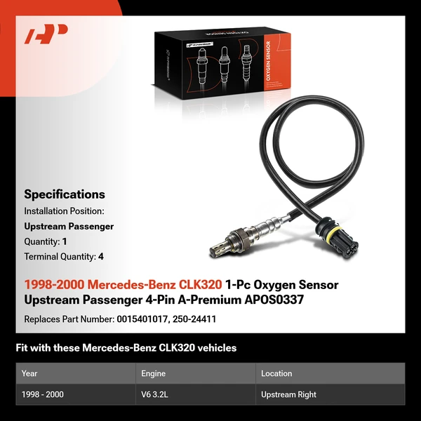 1998-2000 Mercedes-Benz CLK320 1-Pc Oxygen Sensor Upstream Passenger 4-Pin A-Premium APOS0337