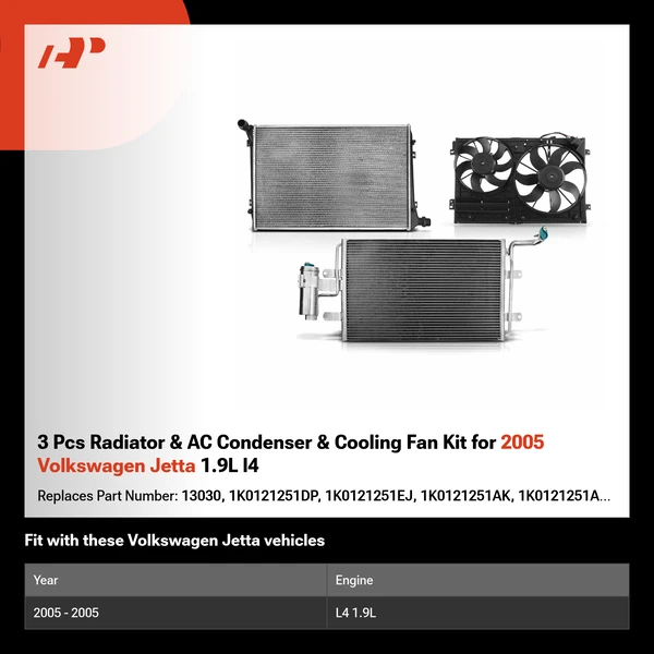 3 Pcs Radiator & AC Condenser & Cooling Fan Kit for 2005 Volkswagen Jetta 1.9L l4