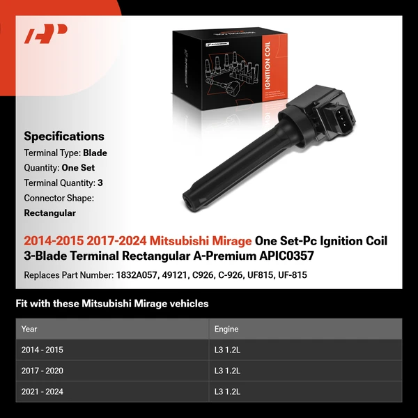 2014-2015 2017-2024 Mitsubishi Mirage One Set-Pc Ignition Coil 3-Blade Terminal Rectangular A-Premium APIC0357