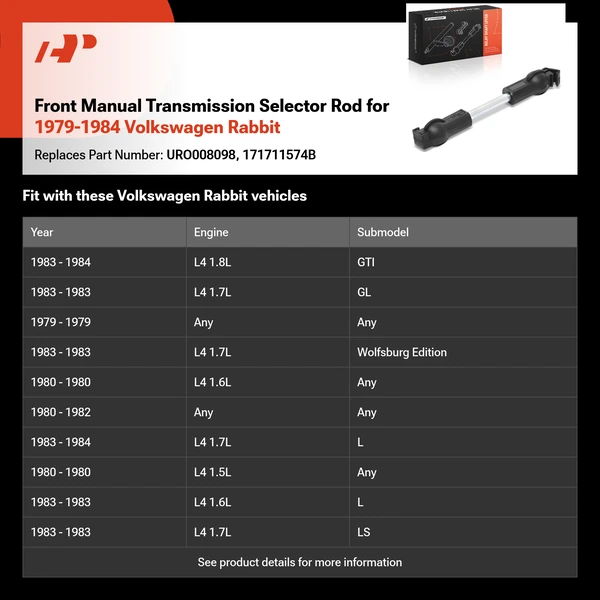 Front Manual Transmission Selector Rod for 1979-1984 Volkswagen Rabbit