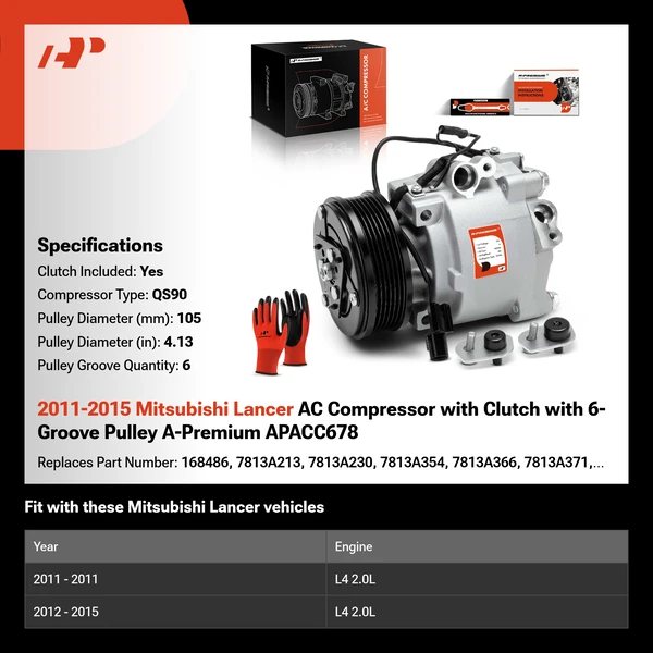 2011-2015 Mitsubishi Lancer AC Compressor with Clutch with 6-Groove Pulley A-Premium APACC678