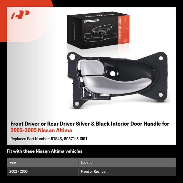 Front Driver or Rear Driver Silver & Black Interior Door Handle for 2002-2005 Nissan Altima
