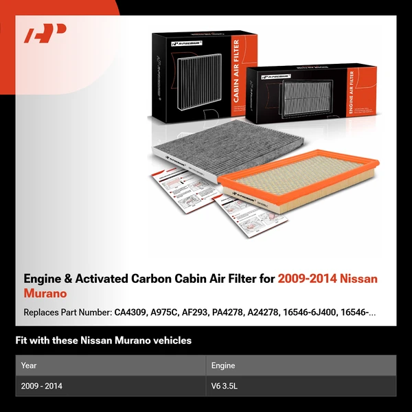 Engine & Activated Carbon Cabin Air Filter for 2009-2014 Nissan Murano