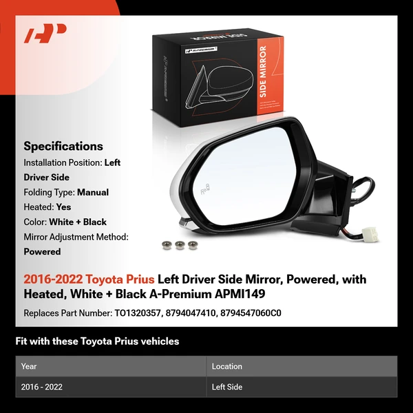 2016-2022 Toyota Prius Left Driver Side Mirror, Powered, with Heated, White + Black A-Premium APMI149