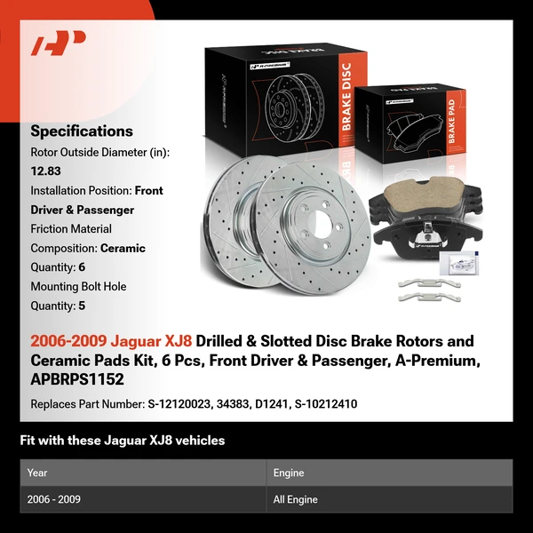 2006-2009 Jaguar XJ8 Drilled & Slotted Disc Brake Rotors and Ceramic Pads Kit, 6 Pcs, Front Driver & Passenger, A-Premium, APBRPS1152