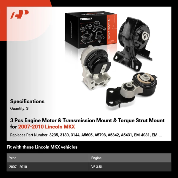 3 Pcs Engine Motor & Transmission Mount & Torque Strut Mount for 2007-2010 Lincoln MKX