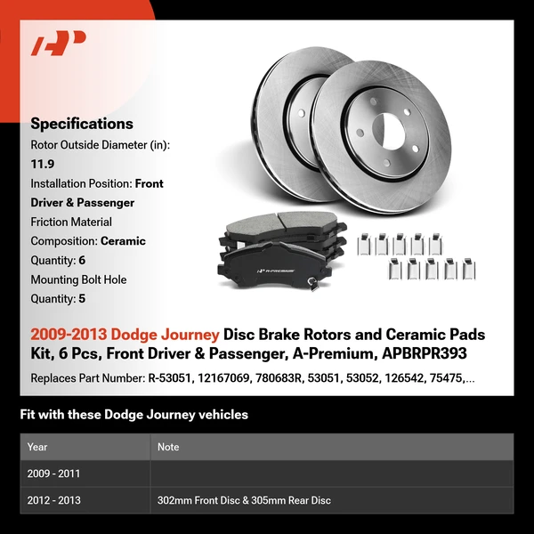 2009-2013 Dodge Journey Disc Brake Rotors and Ceramic Pads Kit, 6 Pcs, Front Driver & Passenger, A-Premium, APBRPR393