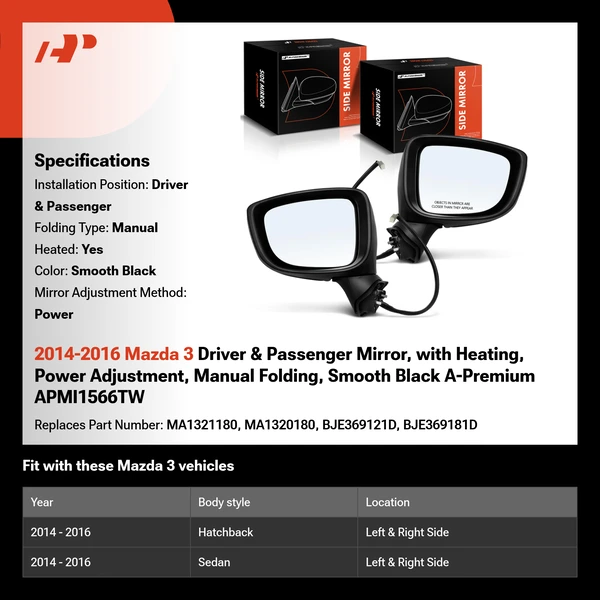 2014-2016 Mazda 3 Driver & Passenger Mirror, with Heating, Power Adjustment, Manual Folding, Smooth Black A-Premium APMI1566TW