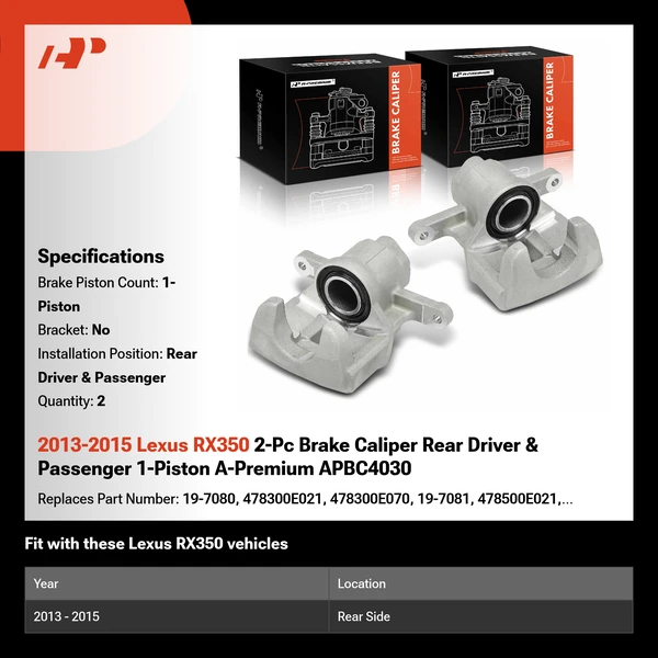 2013-2015 Lexus RX350 2-Pc Brake Caliper Rear Driver & Passenger 1-Piston A-Premium APBC4030