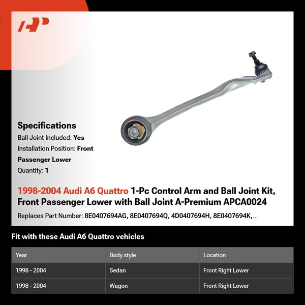 1998-2004 Audi A6 Quattro 1-Pc Control Arm and Ball Joint Kit, Front Passenger Lower with Ball Joint A-Premium APCA0024