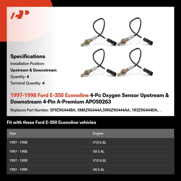 1997-1998 Ford E-350 Econoline 4-Pc Oxygen Sensor Upstream & Downstream 4-Pin A-Premium APOS0263