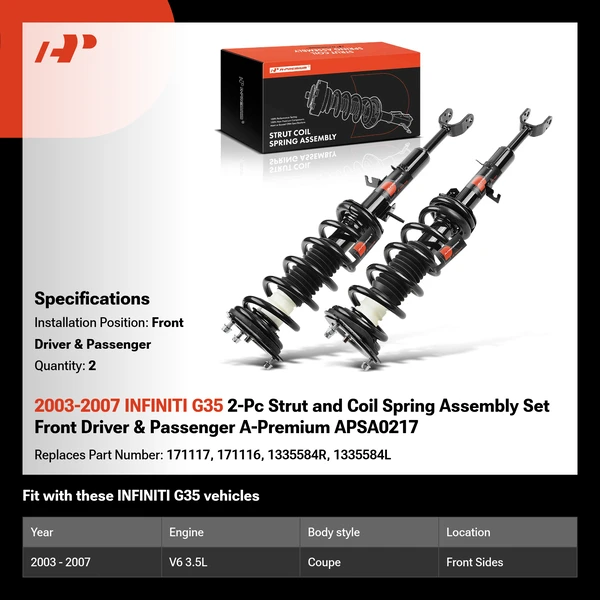 2003-2007 INFINITI G35 2-Pc Strut and Coil Spring Assembly Set Front Driver & Passenger A-Premium APSA0217