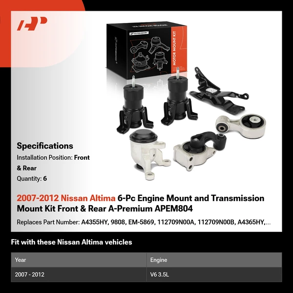 2007-2012 Nissan Altima 6-Pc Engine Mount and Transmission Mount Kit Front & Rear A-Premium APEM804
