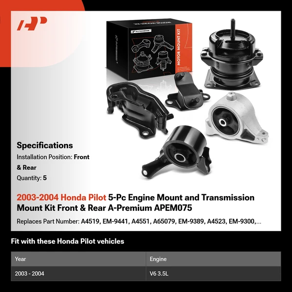 2003-2004 Honda Pilot 5-Pc Engine Mount and Transmission Mount Kit Front & Rear A-Premium APEM075