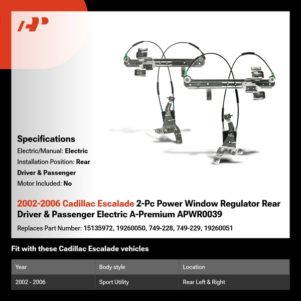 2002-2006 Cadillac Escalade 2-Pc Power Window Regulator Rear Driver & Passenger Electric A-Premium APWR0039