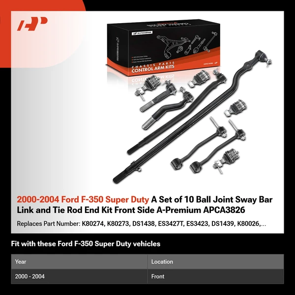 2000-2004 Ford F-350 Super Duty A Set of 10 Ball Joint Sway Bar Link and Tie Rod End Kit Front Side A-Premium APCA3826
