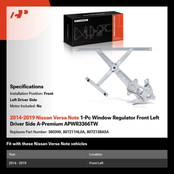 2014-2019 Nissan Versa Note 1-Pc Window Regulator Front Left Driver Side A-Premium APWR3366TW