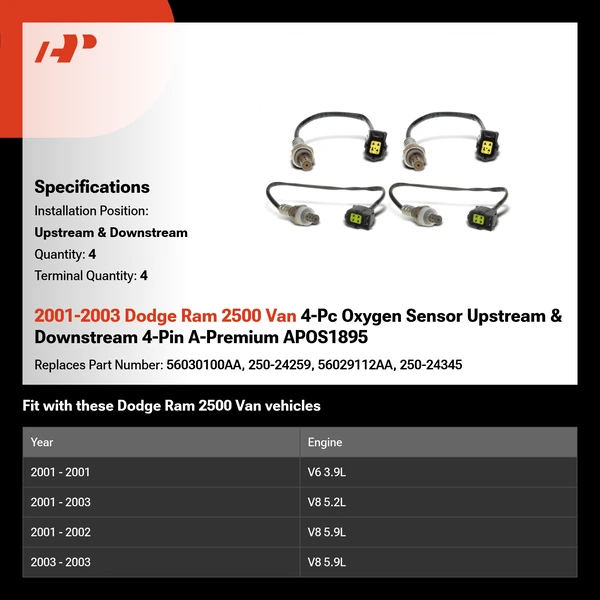 2001-2003 Dodge Ram 2500 Van 4-Pc Oxygen Sensor Upstream & Downstream 4-Pin A-Premium APOS1895
