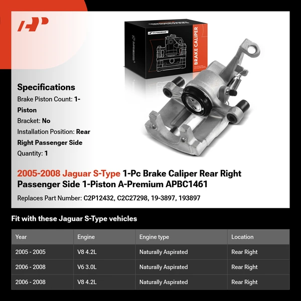 2005-2008 Jaguar S-Type 1-Pc Brake Caliper Rear Right Passenger Side 1-Piston A-Premium APBC1461