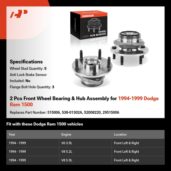 2 Pcs Front Wheel Bearing & Hub Assembly for 1994-1999 Dodge Ram 1500