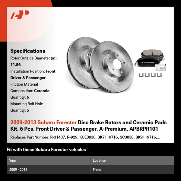 2009-2013 Subaru Forester Disc Brake Rotors and Ceramic Pads Kit, 6 Pcs, Front Driver & Passenger, A-Premium, APBRPR101