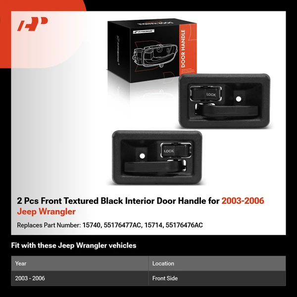 2 Pcs Front Textured Black Interior Door Handle for 2003-2006 Jeep Wrangler