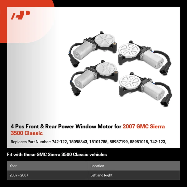 4 Pcs Front & Rear Power Window Motor for 2007 GMC Sierra 3500 Classic