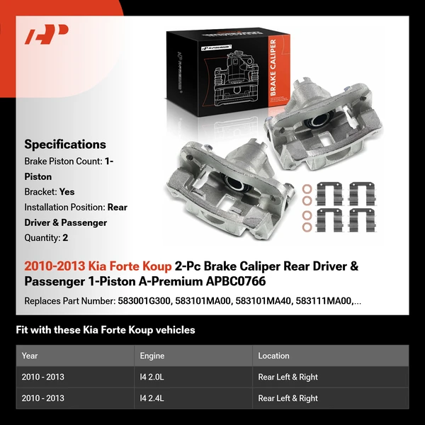 2010-2013 Kia Forte Koup 2-Pc Brake Caliper Rear Driver & Passenger 1-Piston A-Premium APBC0766