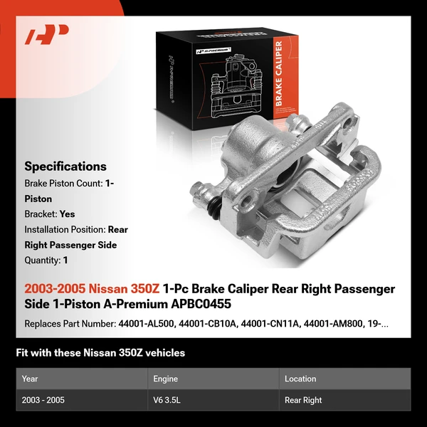 2003-2005 Nissan 350Z 1-Pc Brake Caliper Rear Right Passenger Side 1-Piston A-Premium APBC0455