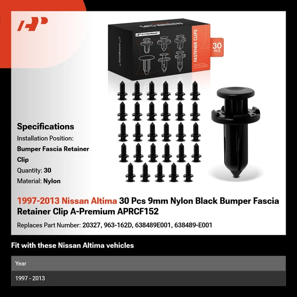 1997-2013 Nissan Altima 30 Pcs 9mm Nylon Black Bumper Fascia Retainer Clip A-Premium APRCF152