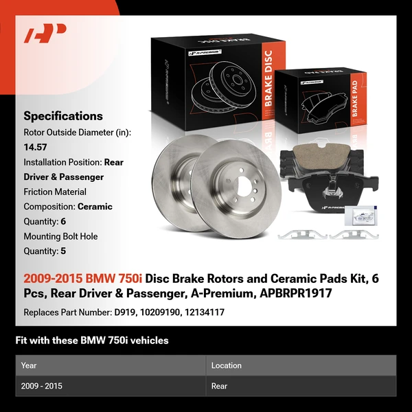 2009-2015 BMW 750i Disc Brake Rotors and Ceramic Pads Kit, 6 Pcs, Rear Driver & Passenger, A-Premium, APBRPR1917