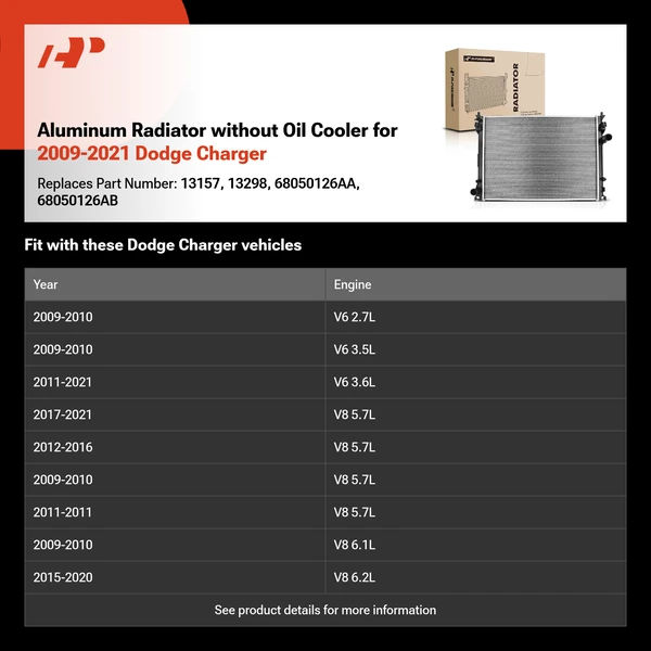 Aluminum Radiator without Oil Cooler for 2009-2021 Dodge Charger
