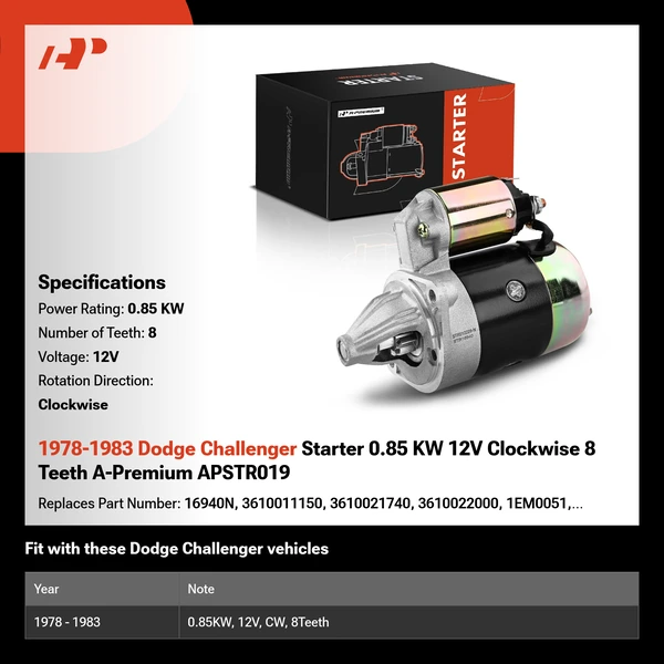 1978-1983 Dodge Challenger Starter 0.85 KW 12V Clockwise 8 Teeth A-Premium APSTR019