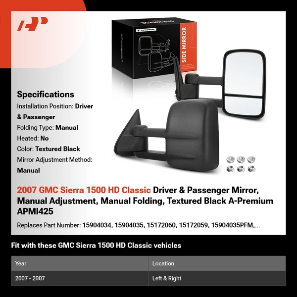 2007 GMC Sierra 1500 HD Classic Driver & Passenger Mirror, Manual Adjustment, Manual Folding, Textured Black A-Premium APMI425