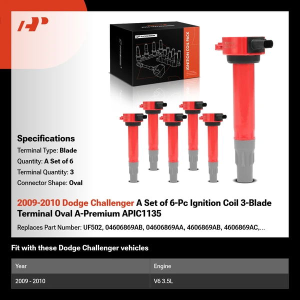 2009-2010 Dodge Challenger A Set of 6-Pc Ignition Coil 3-Blade Terminal Oval A-Premium APIC1135