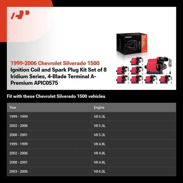 1999-2006 Chevrolet Silverado 1500 Ignition Coil and Spark Plug Kit Set of 8 Iridium Series, 4-Blade Terminal A-Premium APIC0575