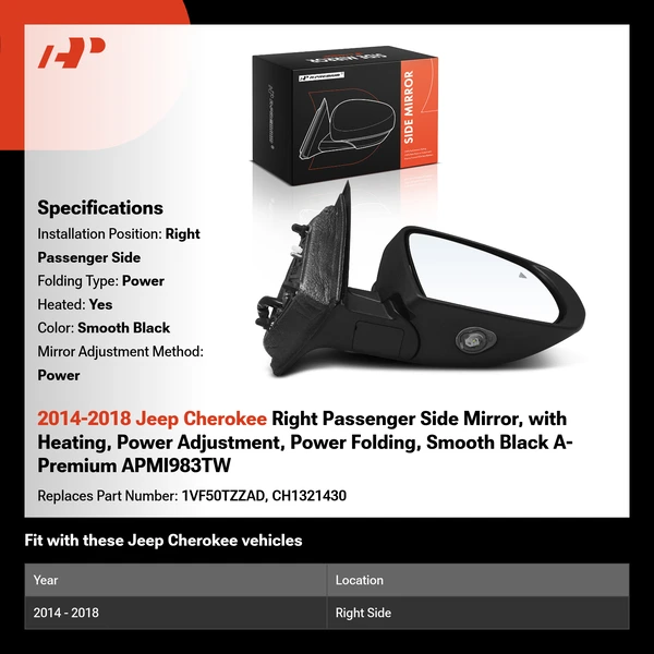 2014-2018 Jeep Cherokee Right Passenger Side Mirror, with Heating, Power Adjustment, Power Folding, Smooth Black A-Premium APMI983TW