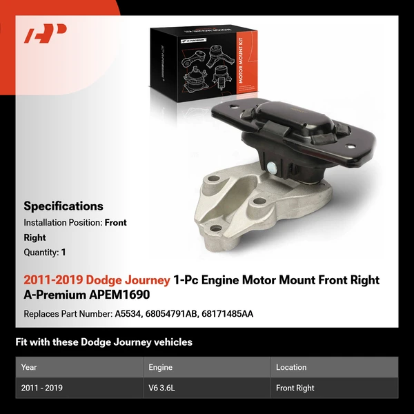 2011-2019 Dodge Journey 1-Pc Engine Motor Mount Front Right A-Premium APEM1690