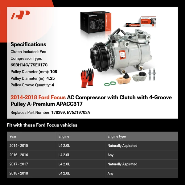 2014-2018 Ford Focus AC Compressor with Clutch with 4-Groove Pulley A-Premium APACC317