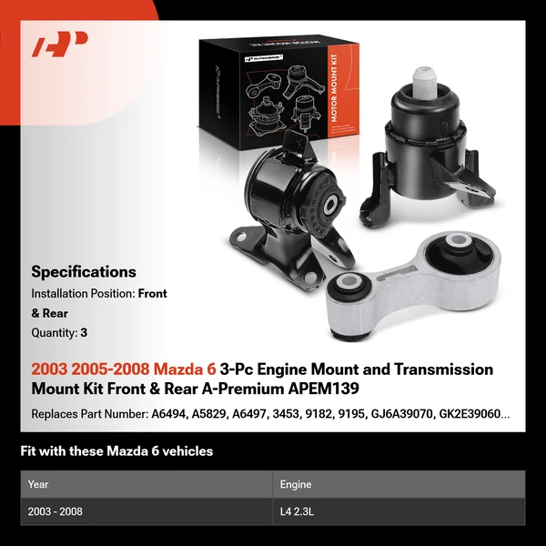 2003 2005-2008 Mazda 6 3-Pc Engine Mount and Transmission Mount Kit Front & Rear A-Premium APEM139